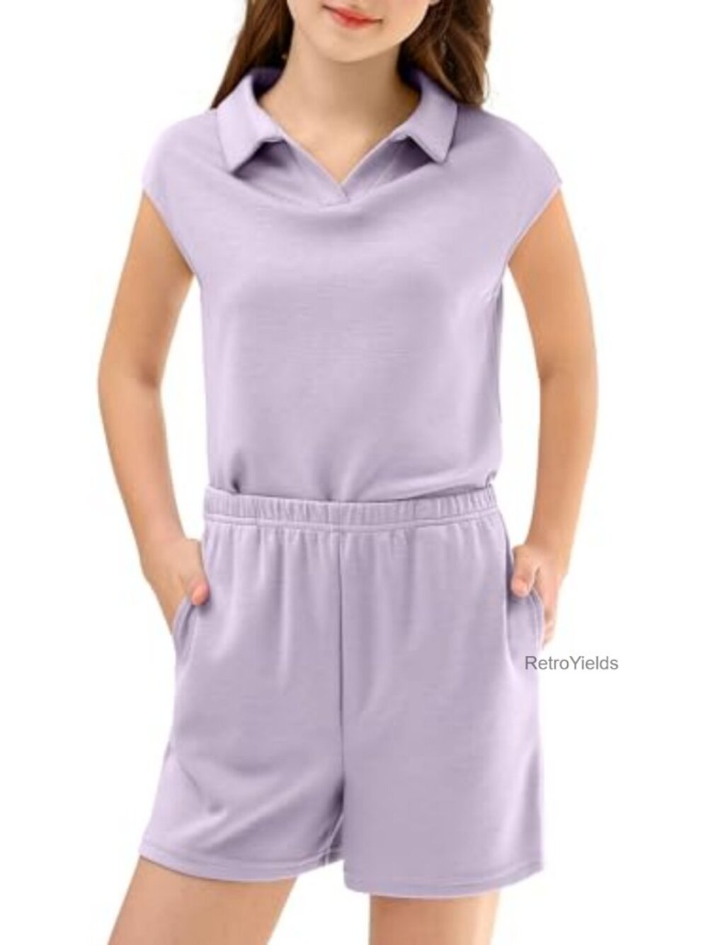 Kids Two Piece Set Cap Sleeve Tshirt and Shorts with Pockets - Picture 3 of 7